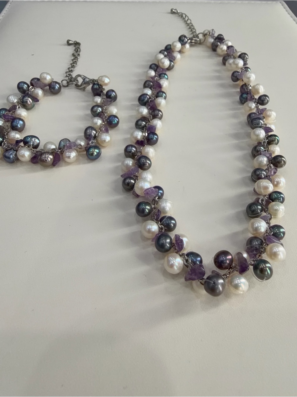 Vintage Pearl & Amethyst Chip Necklace Bracelet Set Purple Multicolor Cluster